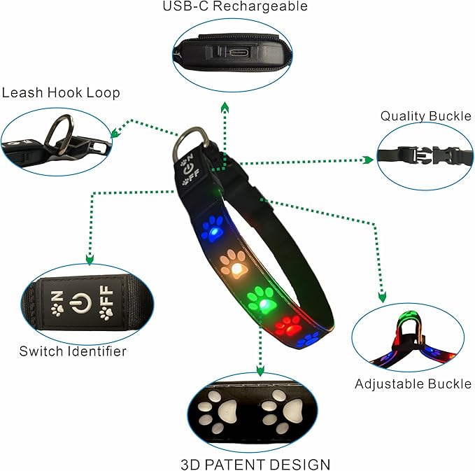 LED Light Up Dog Collar, USB-C Rechargeable, Multicolor Paw Print Design, 15 Modes Lighting Night Safety (Green Pro, XL(19.7-23.6"))