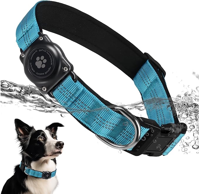 Upgraded AirTag Dog Collar, IP68 Waterproof Air Tag Dog Collar Holder, Reflective, Ultra-Durable, Comfortable Padded, Heavy Duty Dog Collars for Small Medium Large Dogs (L (14.8"-20.3"), Blue)