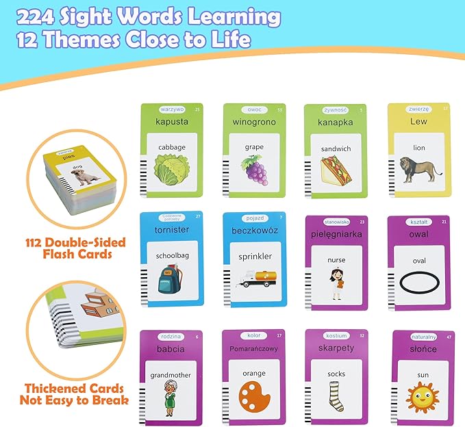 MAYAPHILOS 224 Sight Words Polish and English Talking Flash Cards Fun Polish Language Learning Toys for Kids, Learn Polish for Toddlers Sensory Preschool Educational Birthday Gifts