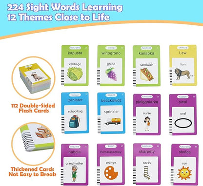 MAYAPHILOS 224 Sight Words Polish and English Talking Flash Cards Fun Polish Language Learning Toys for Kids, Learn Polish for Toddlers Sensory Preschool Educational Birthday Gifts