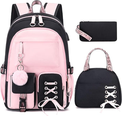 Backpacks for Girls, Girls Backpack with Lunch Box and Pencil Case for Teen Kids Elementary Middle High School College Student, Children School Backpack Bookbag with USB Charging Port (Pink)