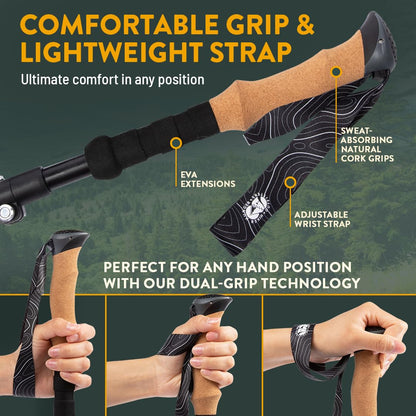 Premium Foldable Hiking Poles by USA Brand - Adjustable, Lightweight Trekking Poles Made of Aircraft Aluminum, Metal Locks Cork EVA Grips (Cork - Black, 100-120 cm for Height: 5'9" and Smaller)