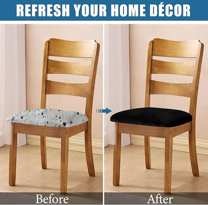 Smiry Velvet Seat Covers for Dining Room Chair Set of 2, Stretch Fit Removable Washable Chair Seat Cushion Protector Slipcovers with Ties, Black