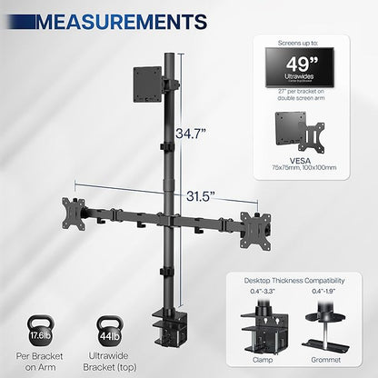 VIVO Triple Monitor Extra Tall Desk Mount for up to 49 inch Ultrawides on Center Bracket and 27 inch Screens on Side Brackets, Holds up to 44 lbs, Black, STAND-V103T