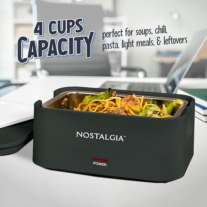 Nostalgia 32-Ounce Heated Electric Lunch Box – Travel Size 4 Cup Capacity for Soup, Pasta, and Leftovers – Leak-Proof Silicone Sealed Lid, Foldable Carry Handle, Detachable Cord – Black