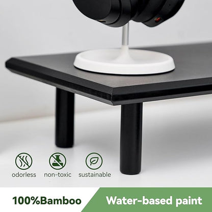 Bamboo Dual Monitor Stand Riser with Underneath Storage, Ergonomic Desk Shelf Supports PC Computer Monitor, Printer, TV for Home, Office, Black