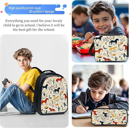 Horses Backpack Set 3 Piece School Bags and Lunch Box with Pencil Case Horse Cactus Bookbag Set for Toddler Kids Girls Boys Teens Kindergarten Elementary Middle