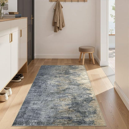 Area Rugs for Living Room: 3x5 Abstract Washable Rug Modern Neutral Large Soft Stain Resistant Non-Slip Backing Machine Table for Bedroom Dining Room Indoor Home Office Carpet - Blue Gold