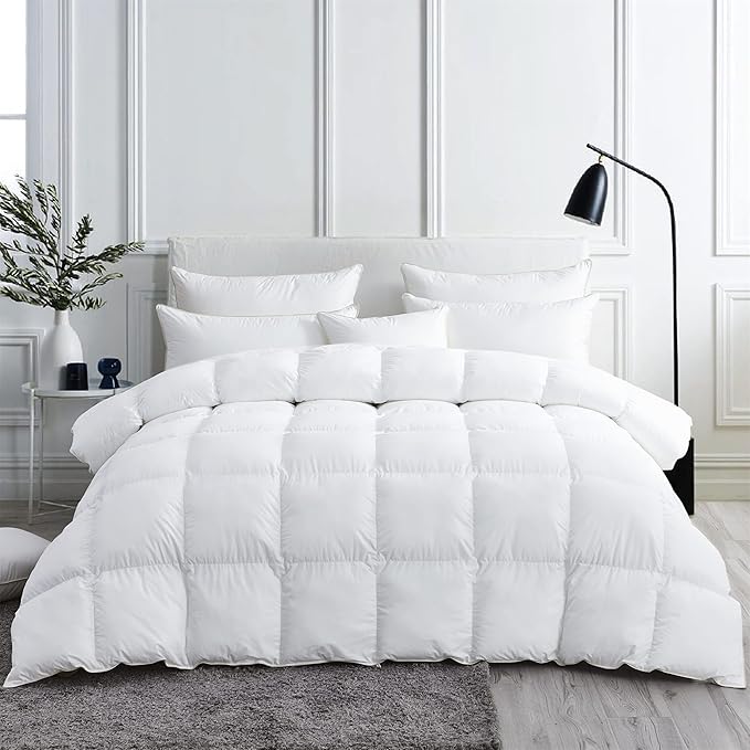 Luxurious White Solid Medium Weight, Oversize California King Size Goose Feathers Down Comforter for All-Season, 108 X 98 inches, Premium Baffle Box, 100% Egyptian Cotton Cover, 80 oz. Fill Weight