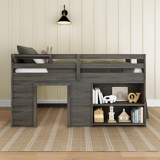 Max & Lily Modern Farmhouse Twin Low Loft Bed with Bookcase - Solid Wood, 15” Guardrails, 400-lb Capacity, Low-VOC Finish, Driftwood