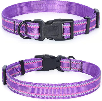 Mile High Life Reflective Dog Collar, Basic Dog Collars Adjustable Quick Release, Soft Nylon Pet Collar with Metal D-Ring for Small Medium Large Dogs (Purple, M Neck13-17")