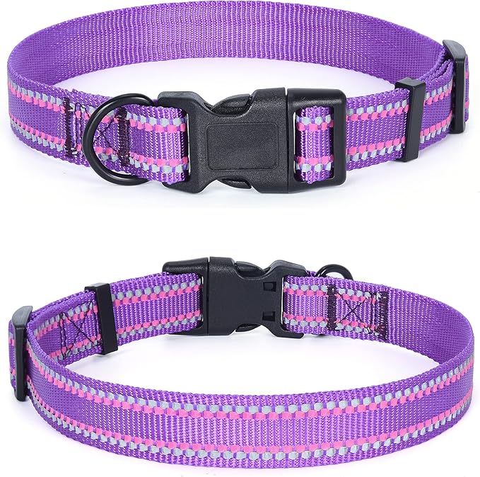 Mile High Life Reflective Dog Collar, Basic Dog Collars Adjustable Quick Release, Soft Nylon Pet Collar with Metal D-Ring for Small Medium Large Dogs (Purple, S Neck11-15")