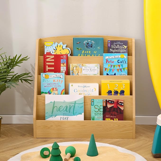 TOETOL 4-Tier Kids Bookshelf - Toddler Book Display Shelves for Classrooms, Playrooms, and Nursery - Wooden Children Book Rack (Natural)