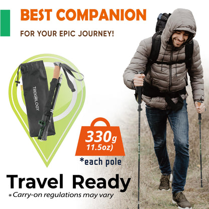 TREKOLOGY Trek-Z Cork Grip Trekking Poles – Lightweight Folding Hiking Poles, Adjustable Height, Compact Travel Design, Aircraft-Grade Aluminum Walking Sticks for Men & Women (Black with Green)