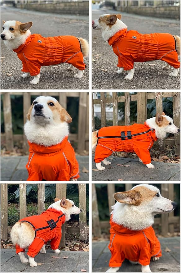 Dogs Waterproof Jacket, Lightweight Waterproof Jacket Reflective Safety Dog Raincoat Windproof Snow-Proof Dog Vest for Corgis Dachshund Small Medium Large Dogs Orange D-M