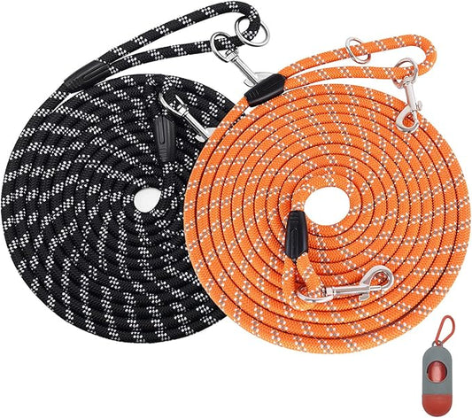 (2 Pack) Long Dog Leash for Dog Training 15FT/30FT/50FT, Dog Rope Check Cord with Reflective Thread for Large Medium Small Dogs, Dog Tie-Out Cable Lead for Hunting, Camping/Backyard