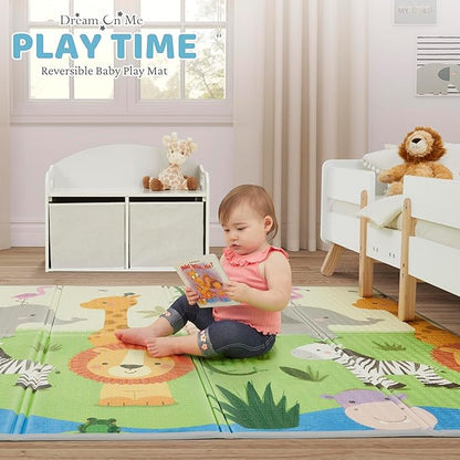 Dream On Me Play Time Reversible Baby Play Mat Foldable Extra Large Thick Foam Crawling Playmats for Toddlers Waterproof Portable Playmat, Happy Feet