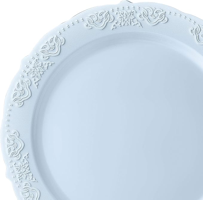 " OCCASIONS " 50 Plates Pack (25 Guests) Vintage Wedding Party Disposable Plastic Plate Set -25x10.25'' Dinner +25x7.5'' Salad/Dessert plates (Portofino Plain Blue)