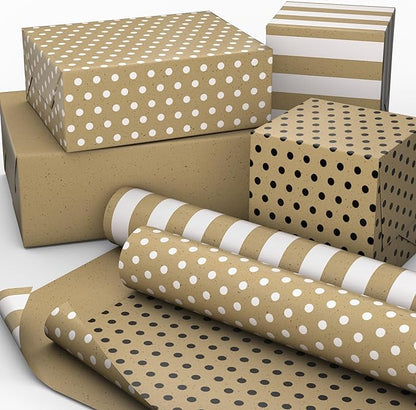 Hallmark Bulk Kraft Reversible Wrapping Paper Rolls (2 Rolls: 160 Sq. Ft. Total) Black Polka Dots, White Stripes for Birthdays, Weddings, Graduations, Baby Showers, Holidays