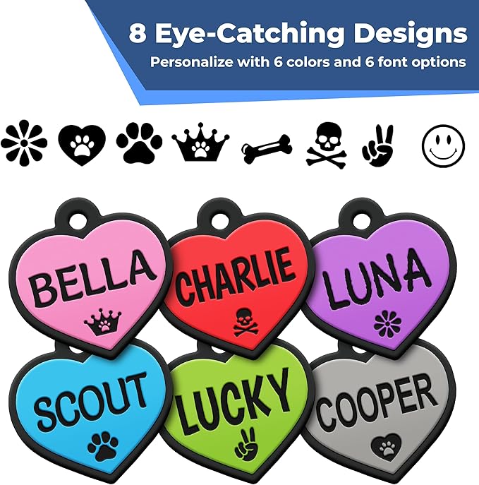 GoTags Silicone Dog Tags, Soundless Pet Tag, Personalized Silent Tag Engraved for Pets with Cute Custom Designs, for Dogs and Cats, (Heart, Pink)