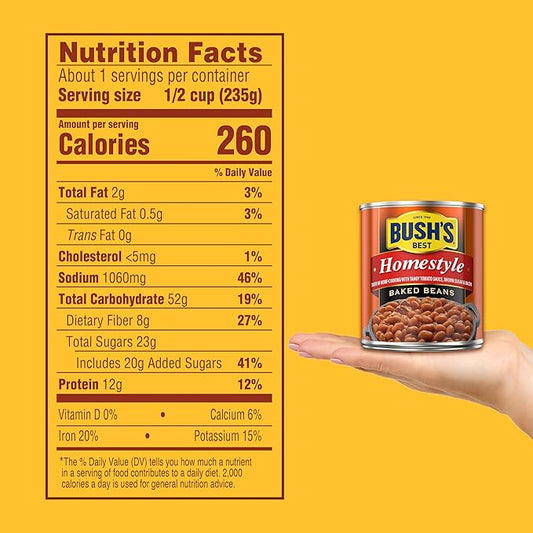 BUSH'S BEST 8.3 oz Canned Homestyle Baked Beans, Source of Plant Based Protein and Fiber, Low Fat, Gluten Free, (Pack of 12)