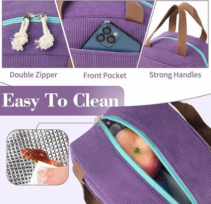 Lunch Box Lunch Bag for Women Girls Teens, Cute Lunch Box Cooler Bag, Portable Small Insulated LunchBox Reusable Corduroy Lunch Tote for Work/Travel/Picnic/School (Purple)