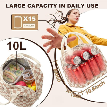LEDAOU Lunch Box for Women Insulated Lunch Bag Corduroy Lunch Tote Bags Leakproof Cooler Lunch Case for Travel Work Picnic (rown Checkered Bow)