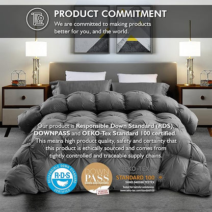 Luxurious All-Season Goose Down Feather Fiber Comforter Twin Size Duvet Insert, Exquisite Pinch Pleat Ruffled Twisted Flower, Premium Baffle Box, 100% Egyptian Cotton Cover, 50 oz. Fill Weight, Gray