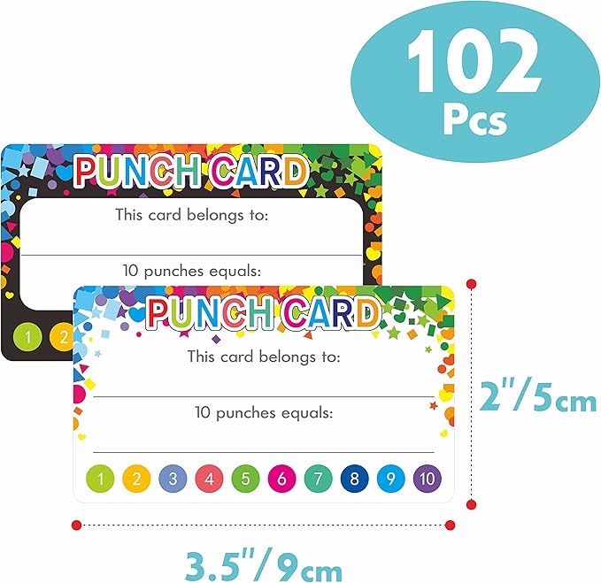 102 PCS Punch Cards, Incentive Reward Card Student Awards Loyalty Cards for Business, Classroom, Kids Behavior, Students, Teachers, 3.5” x 2”, 2 Styles