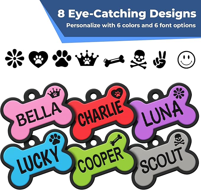 GoTags Silicone Dog Tags, Soundless Pet Tag, Personalized Silent Tag Engraved for Pets with Cute Custom Designs, for Dogs and Cats, (Bone, Blue)