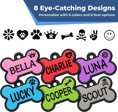 GoTags Silicone Dog Tags, Soundless Pet Tag, Personalized Silent Tag Engraved for Pets with Cute Custom Designs, for Dogs and Cats, (Bone, Red)