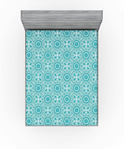 Ambesonne Boho 2 Pack Fitted Sheet, Modern Mandala Effect Pattern, Bed Cover All-Round Elastic Deep Pockets 2 Pieces, Package Contains 2 Full Size Fitted Sheets, Dark Seafoam and White