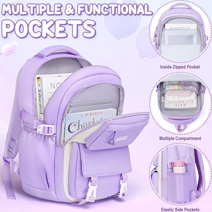 Fimibuke Backpacks for Girls, 3 PCS Waterproof School Backpack with Lunch Box & Pencil Pouch for Kids Teen Girl, Cute Bookbag School Bag for Elementary Middle High School Student Ages 6+(Khaki)