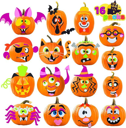 JOYIN 16 Packs Halloween Pumpkin Decorating Stickers, Foam Craft Kit, Halloween Party Favors for Kids, Party Supplies Arts Activities, Funny Jack O Lantern Stickers School Games Gifts