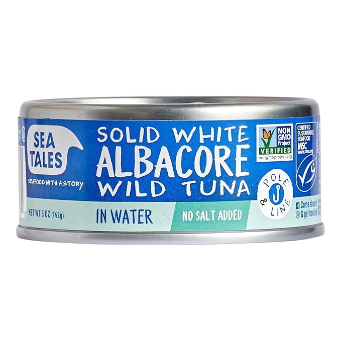 Sea Tales Solid White Albacore Canned Tuna in Water - No Salt Added - 100% Pole & Line Wild Sustainably Caught - BPA Free - High Protein Food - Keto Friendly - 5 oz. Cans (Pack of 12)