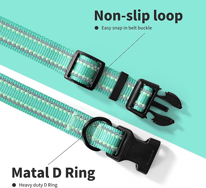 Mile High Life Reflective Dog Collar, Basic Dog Collars Adjustable Quick Release, Soft Nylon Pet Collar with Metal D-Ring for Small Medium Large Dogs (Green, L Neck15-19")