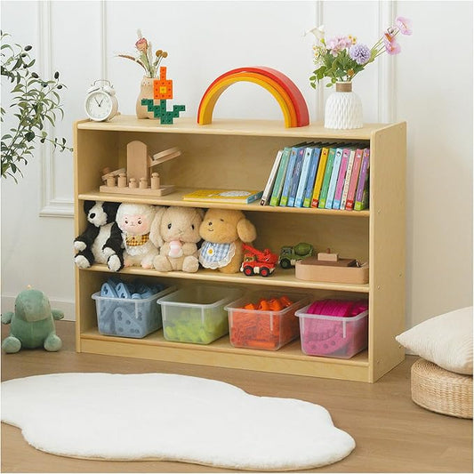 Kids Bookshelf and Toy Storage Shelf, Wooden Montessori Bookshelf, 3-Tier Toy Shelf, 30in Birch Children Bookcase, Classroom Furniture, Book Shelf for Kids Room, Nursery, Playroom
