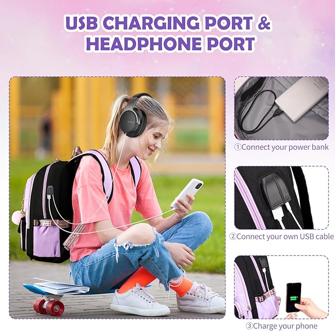 Backpacks for Girls, Girls Backpack with Lunch Box and Pencil Case for Teen Kids Elementary Middle High School College Student, Children School Backpack Bookbag with USB Charging Port (Purple)