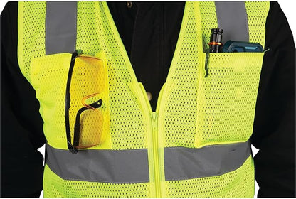 Performance Tool W1580 High-Visibility Reflective Safety Vest, Chest Pockets, Zip Closure, Neon Yellow