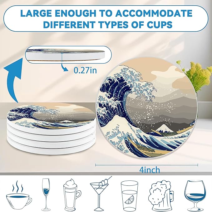 Japanese Style Waves Round 4" Cup Coasters Set of 4, Absorbent Ceramic Coasters with with Cork Backing, Table Home Decor, Gifts for Women Men