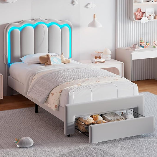 Twin Upholstered LED Bed Frame with Storage Drawer and Adjustable Chic Double Wavy Headboard, Velvet Prince Platform Bed for Boys/Kids, Solid Wood Slats Support, No Box Spring Needed, Grey