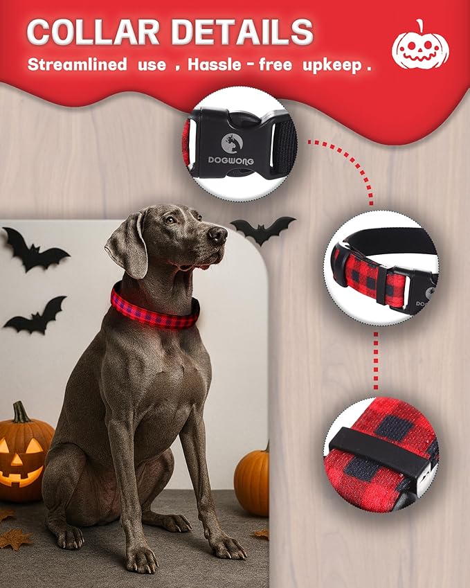 DOGWONG LED Dog Collar - Christmas Red Plaid Heavy Duty Light up Dog Collars - Rechargeable Waterproof - Lighted Dog Collars for Night Walking, Hiking, Camping(Red Plaid,S)