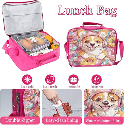 Corgi Donuts Backpack Set 3 Piece School Bags and Lunch Box with Pencil Case Pink Cartoon Dog Donut Animal Bookbag Set for Toddler Kids Girls Boys Teens Kindergarten Elementary Middle