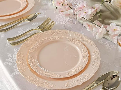 " OCCASIONS " 240 Plates Pack,(120 Guests) Vintage Wedding Party Disposable Plastic Plates Set-120x10.25'' Dinner +120x7.5'' Salad/Dessert Plate (Portofino in Blush/Antique Rose)