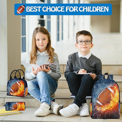 3PCS Backpack for Boys Girls, Kids Football Back to School Backpack Sets with Lunch Bag Pencil Case, 17 Inch Lightweight Bookpack 3 in 1 Set for Teens Elementary Middle High School Students