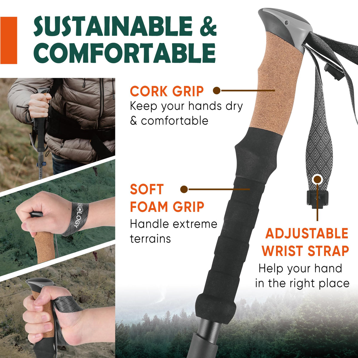 TREKOLOGY Trek-Z Cork Grip Trekking Poles – Lightweight Folding Hiking Poles, Adjustable Height, Compact Travel Design, Aircraft-Grade Aluminum Walking Sticks for Men & Women