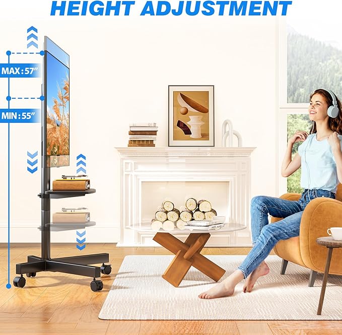 Rfiver Mobile TV Stand for 23-60 Inch LCD LED Flat/Curved Panel Screen TVs up to 88 lbs, Rolling TV Stand with Adjustable Shelf & Tilt, Portable Floor Stand on Wheels for Bedroom, Living Room, Office