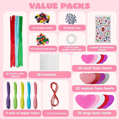 JOYIN Valentines Day 264 Pcs DIY Heart Felt Craft Set, Felt & Glitter Hearts & Wooden Beads & Plastic Eyes & Colorful Paper Ropes for Valentine's Day Kids Craft Party Classroom Ornaments Decorations