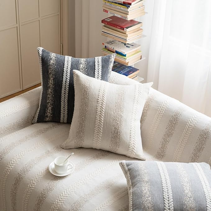 Pack of 1 Decorative Throw Pillow Covers 12x20 Inch, Pillow Cases for Living Room Couch Bedroom Farmhouse Home Decor, Soft Stripe Chenille Cushion Covers for Sofa Beige,12''x20''