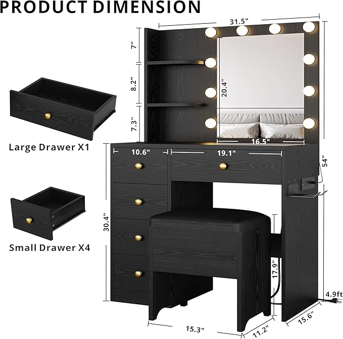 IRONCK Vanity Desk with Mirror and Lights, Small Makeup Vanity Table with 5 Drawers, Power Outlet, and Vanity Stool, 3 Lighting Colors, Dressing Table for Women Girls Bedroom, Black